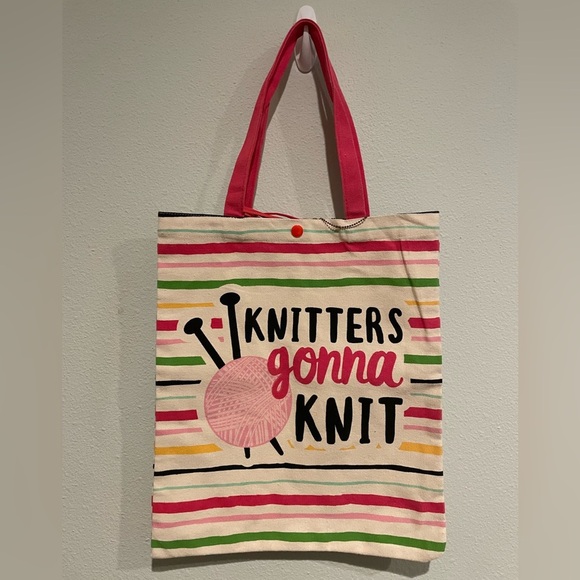Canvas tote.  Fun strips with snap closure “Knitters gonna Knit” - Picture 1 of 4